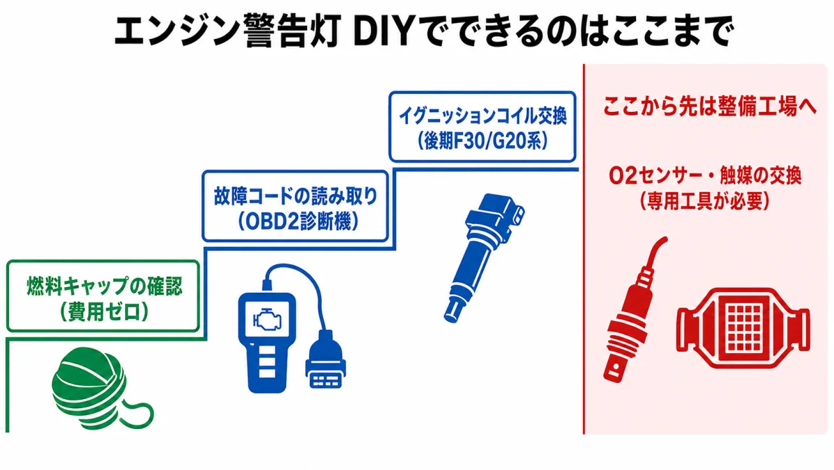 エンジン警告灯 DIYでできる範囲の階段図（コード読取からコイル交換まで・O2センサーと触媒は整備工場へ）