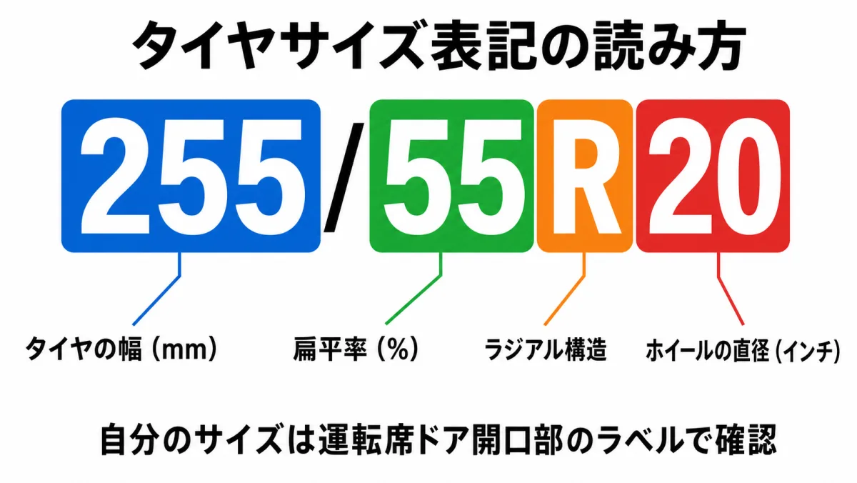 タイヤサイズ表記255/55R20の読み方図(幅・扁平率・ラジアル構造・ホイール径)
