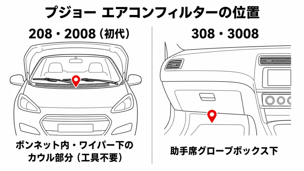 プジョーのエアコンフィルター位置図(208/2008はボンネット内ワイパー下、308/3008は助手席グローブボックス下)
