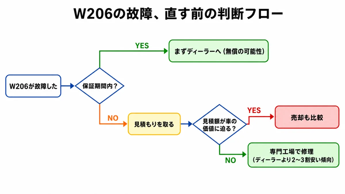 メルセデスW206 故障を直す前の判断フロー図(保証・見積もり・売却比較)