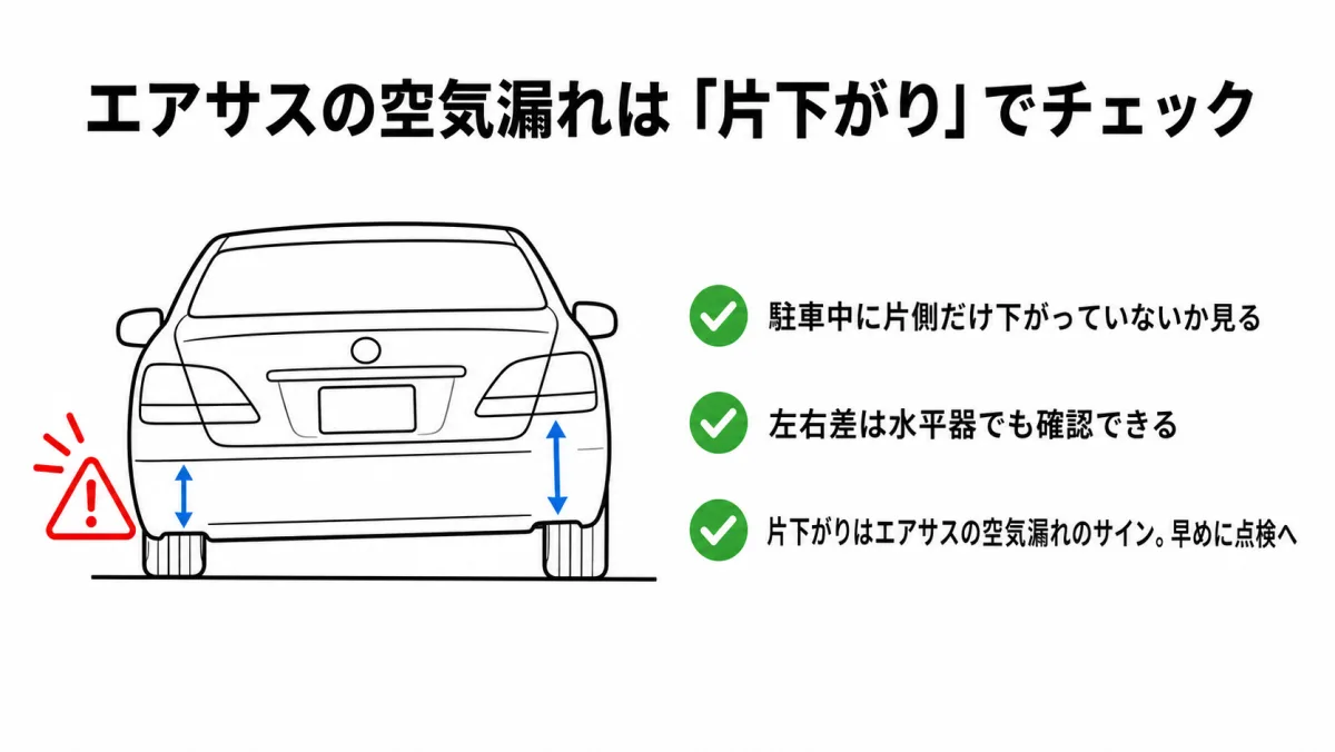 エアサスの空気漏れを片下がりでチェックする図(駐車中の車高の左右差を見る)