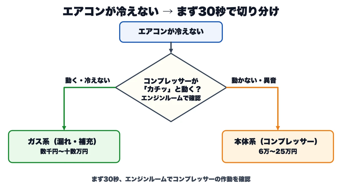 エアコンが冷えないとき、コンプレッサーがカチッと動くかでガス系(数千円〜十数万円)か本体系(6万〜25万円)かを切り分ける30秒診断フロー図