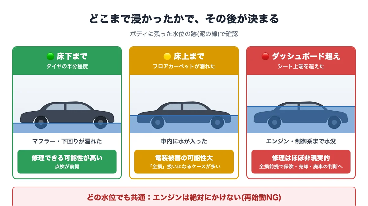 冠水の水位別の危険度図。床下まで(タイヤの半分程度)はマフラー・下回りが濡れた状態で、点検前提で修理できる可能性が高い。床上まで(フロアカーペットが濡れた)は車内に水が入った状態で、電装被害の可能性大・全損扱いになるケースが多い。ダッシュボード・シート上端超えはエンジン・制御系まで水没し、修理はほぼ非現実的で全損前提。どの水位でも共通でエンジンは絶対にかけない